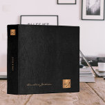 Classy elegant black leather gold monogram office 3 ring binder<br><div class="desc">Monogrammed luxury exclusive looking office or personal work organizer binder featuring faux copper metallic gold glitter squares with your business or personal script name initials on front and spine over a stylish black faux leather background. Suitable for small business, corporate or independent business professionals, personal branding or stylists specialists, artists...</div>
