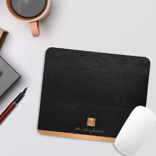 Classy elegant black leather gold monogrammed mouse pad