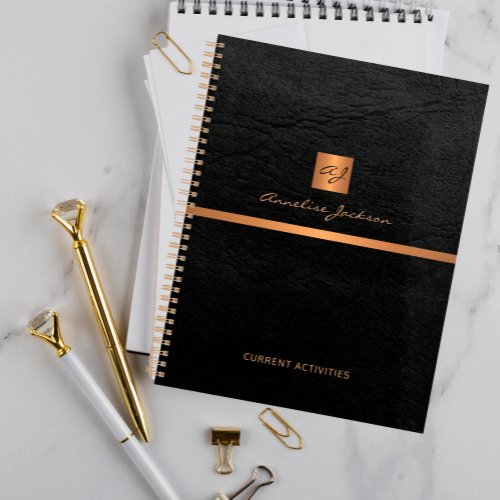 Classy elegant black leather gold monogrammed planner