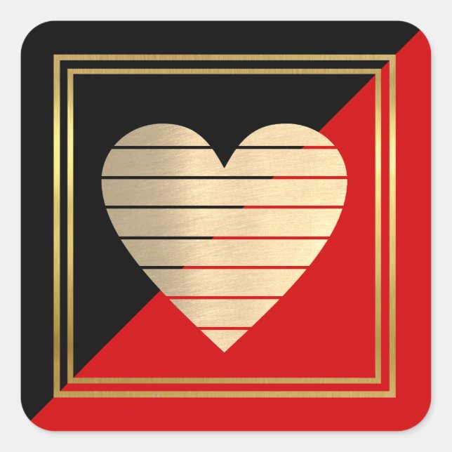 Classy elegant black + red love heart  square sticker (Front)