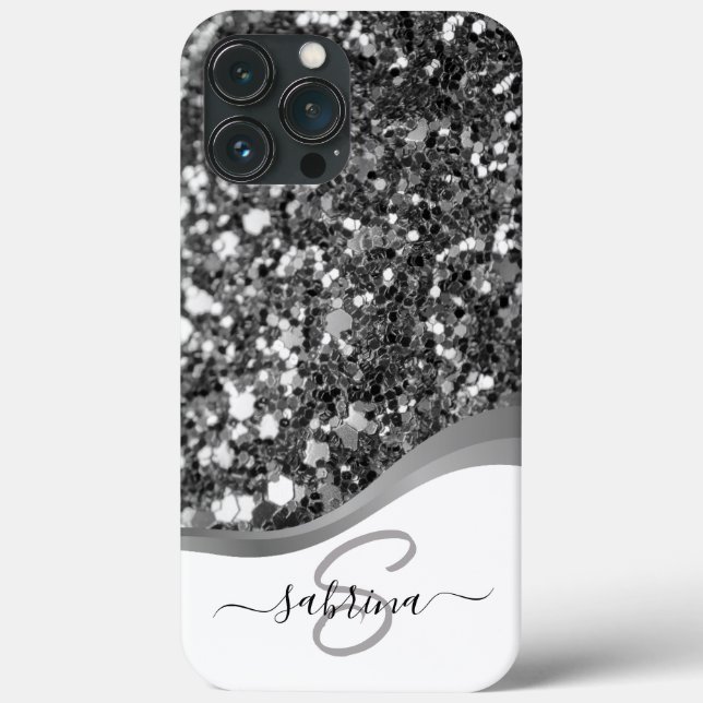 Classy Elegant Black Silver Glitter Monogram Name Case-Mate iPhone Case (Back)