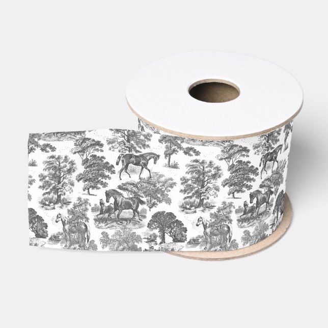 Classy Elegant Black White Horses Country Toile Grosgrain Ribbon (Spool)
