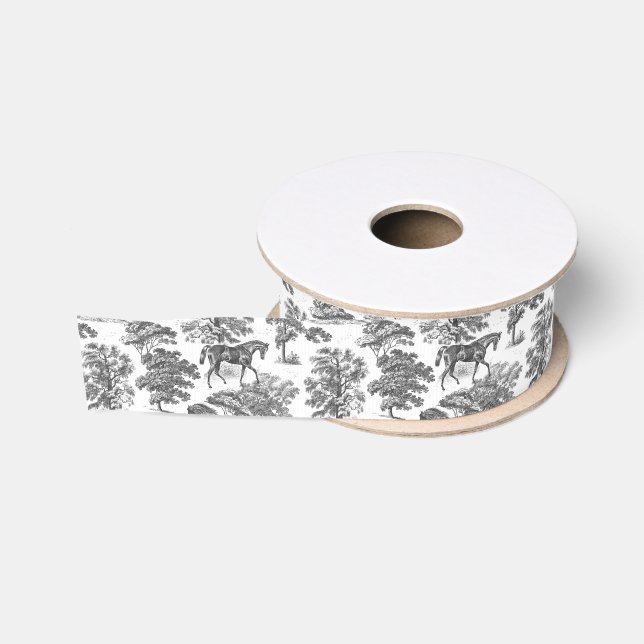 Classy Elegant Black White Horses Country Toile Grosgrain Ribbon (Spool)