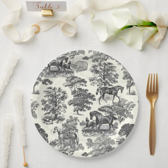 Classy Elegant Black White Horses Country Toile Paper Plates (Wedding)