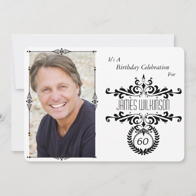Classy Elegant Black/White Photo Birthday Invite (Front)