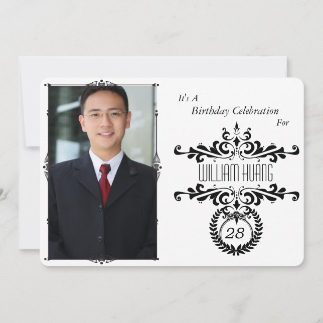 Classy Elegant Black/White Photo Birthday Invite (Front)