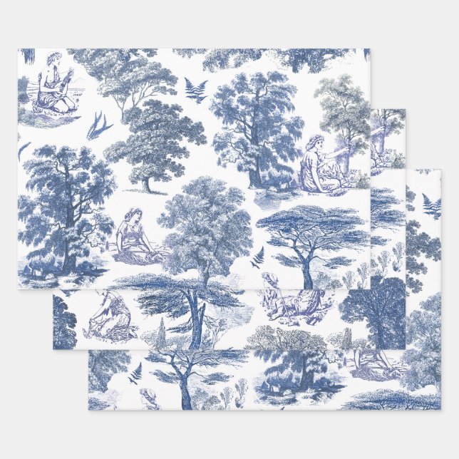 Classy Elegant Blue Country Toile Wrapping Paper Sheets (Set)