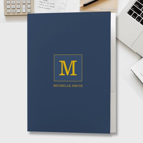 Classy Elegant Blue Gold Monogram Name Pocket Folder