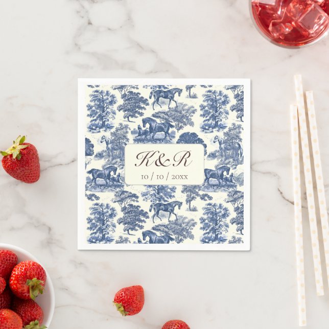 Classy Elegant Blue Horse Toile Name Initials Napkins (Insitu)