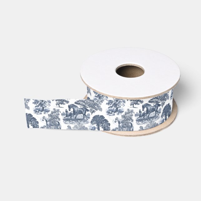 Classy Elegant Blue Horses Country Toile Grosgrain Ribbon (Spool)