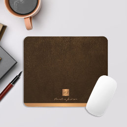 Classy elegant brown leather gold monogrammed mouse pad