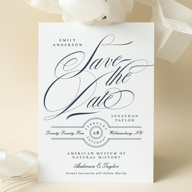 Classy Elegant Calligraphy Navy Blue Non-Photo Save The Date (Creator Uploaded)