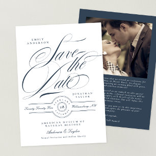 Classy Elegant Calligraphy Navy Blue Photo Save The Date