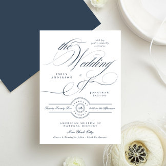 Classy Elegant Calligraphy Navy Blue Wedding Invitation