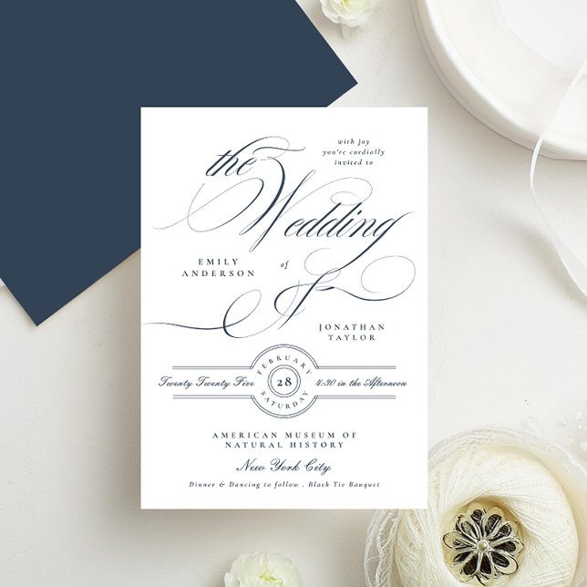 Classy Elegant Calligraphy Navy Blue Wedding Invitation (Creator Uploaded)