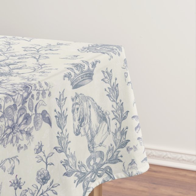 Classy Elegant Chic Blue Beige Equestrian Toile Tablecloth (In Situ)