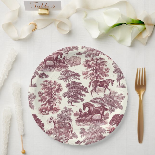 Classy Elegant Chic Burgundy Horses Country Toile Paper Plates (Wedding)