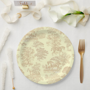 Classy Elegant Chic Horses Toile Beige Cream Paper Plates