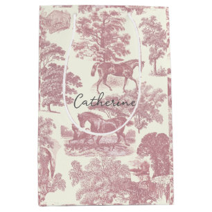 Classy Elegant Chic Pink Horse Toile Name Medium Gift Bag