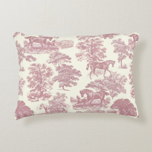 Classy Elegant Chic Pink Horses Country Toile Accent Pillow