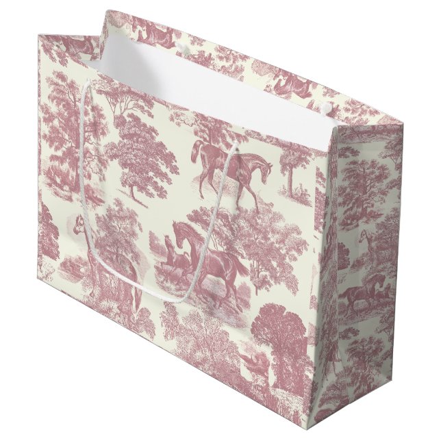 Classy Elegant Chic Pink Horses Country Toile Large Gift Bag (Front Angled)