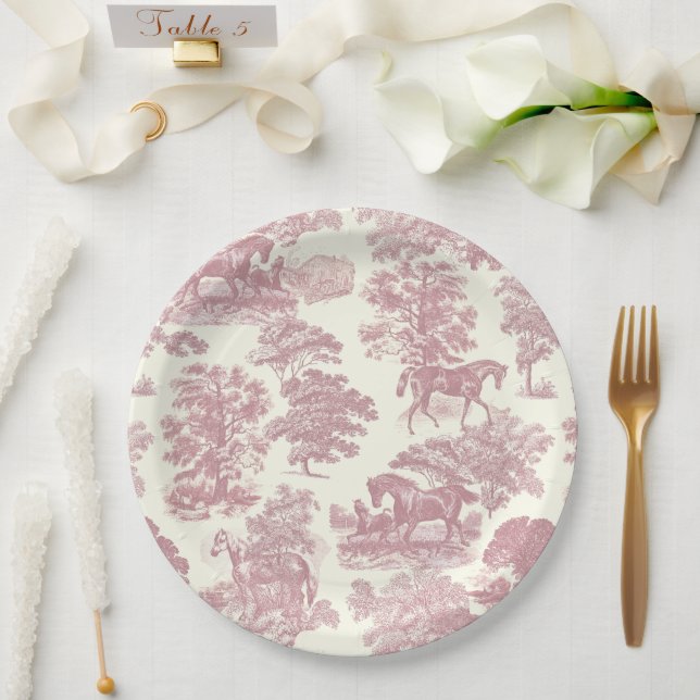 Classy Elegant Chic Pink Horses Country Toile Paper Plates (Wedding)