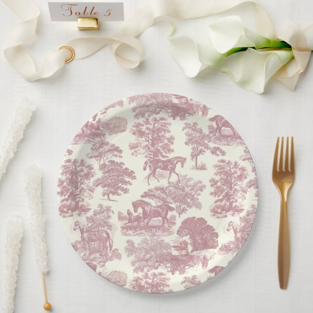 Classy Elegant Chic Pink Horses Country Toile Paper Plates (Wedding)