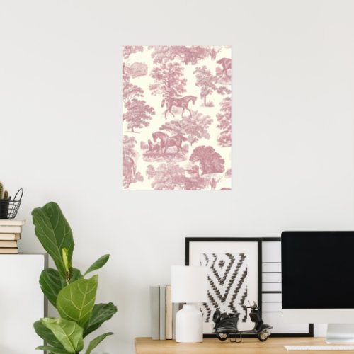 Classy Elegant Chic Pink Horses Country Toile Poster