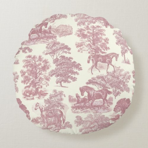 Classy Elegant Chic Pink Horses Country Toile Round Pillow