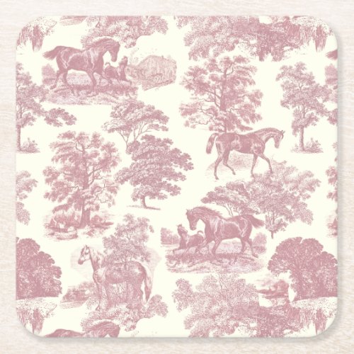 Classy Elegant Chic Pink Horses Country Toile Square Paper Coaster