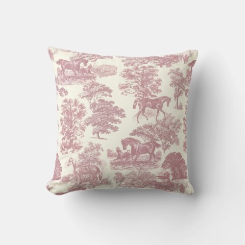 Classy Elegant Chic Pink Horses Country Toile Throw Pillow
