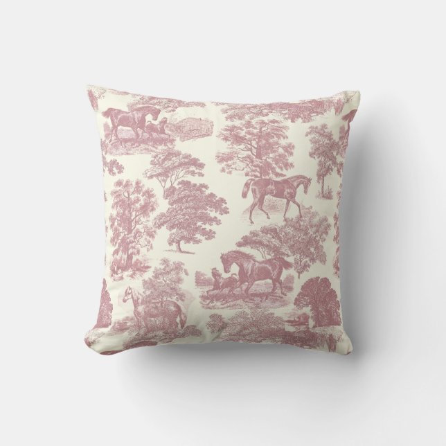 Classy Elegant Chic Pink Horses Country Toile Throw Pillow (Front)