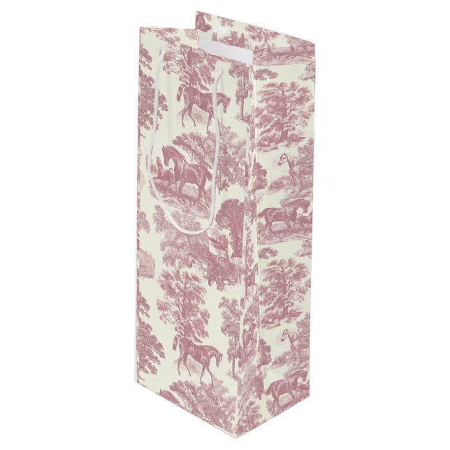 Classy Elegant Chic Pink Horses Country Toile Wine Gift Bag (Front Angled)