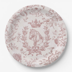 Classy Elegant Chic Plum Beige Equestrian Toile Paper Plates