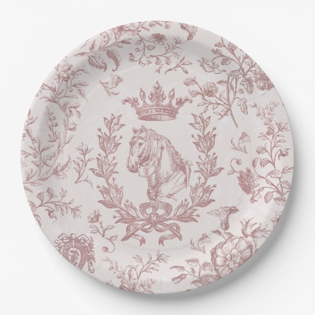 Classy Elegant Chic Plum Beige Equestrian Toile Paper Plates (Front)