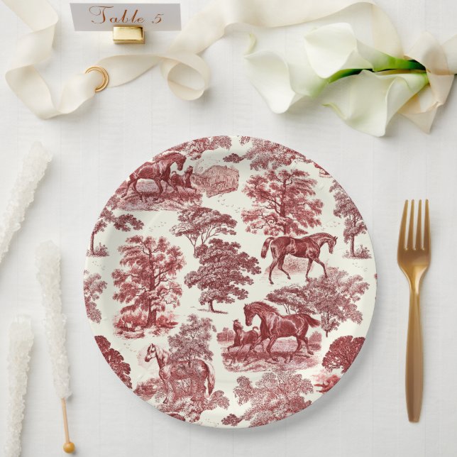Classy Elegant Chic Red Horses Country Toile Paper Plates (Wedding)
