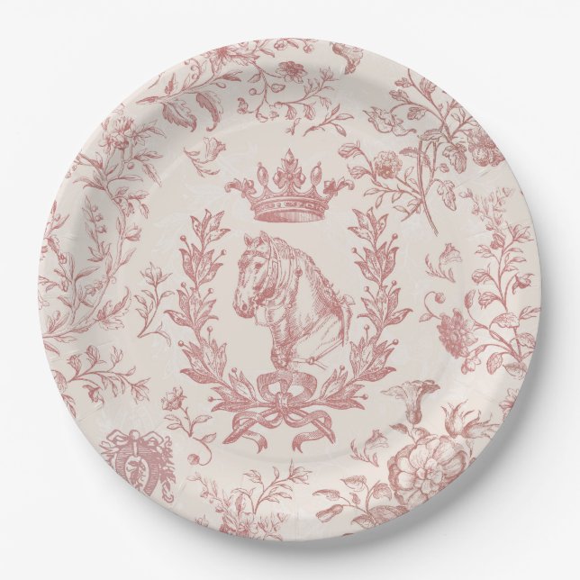 Classy Elegant Chic Rose Beige Equestrian Toile Paper Plates (Front)