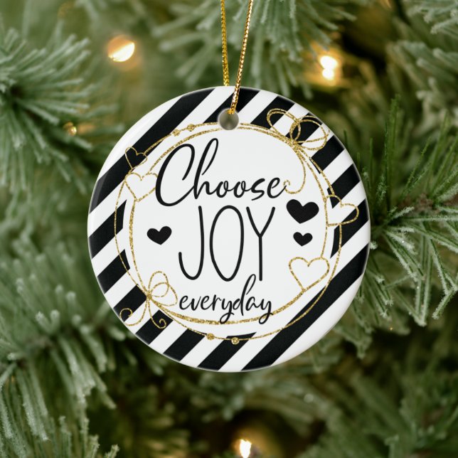 Classy Elegant Choose Joy Black Striped Christmas Ceramic Ornament (Tree)