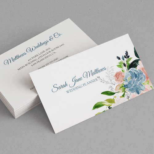 Classy elegant dusty blue peony wedding planner business card