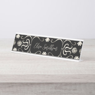 Classy Elegant Feminine Vintage Chic Black Silver Desk Name Plate