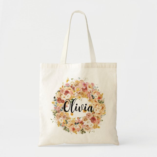 Classy Elegant Floral Bridesmaid Monogram Name  Tote Bag (Front)