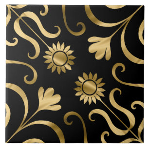 Classy Elegant Floral Damask Black Gold Sunflower Ceramic Tile