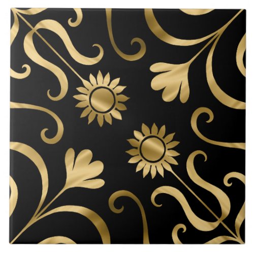  Classy Elegant Floral Damask Black Gold Sunflower Ceramic Tile