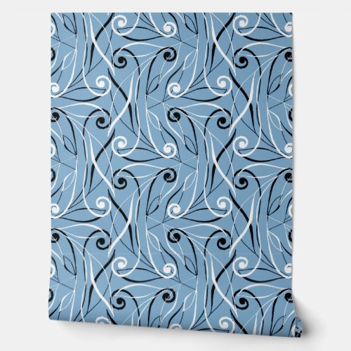 Classy Elegant Foliage  Swirls Pattern Dusty Blue Wallpaper