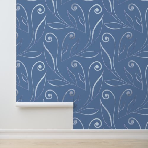 Classy Elegant Foliage  Swirls Pattern Dusty Blue Wallpaper