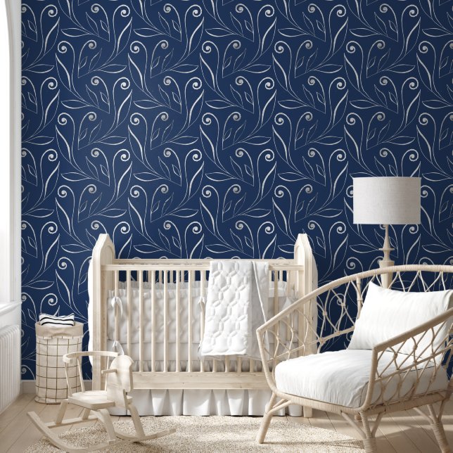 Classy Elegant Foliage & Swirls Silver & Navy Blue Wallpaper (Kids)