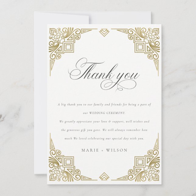 Classy Elegant Glam Gold Art Deco Ornate Wedding Thank You Card (Front)