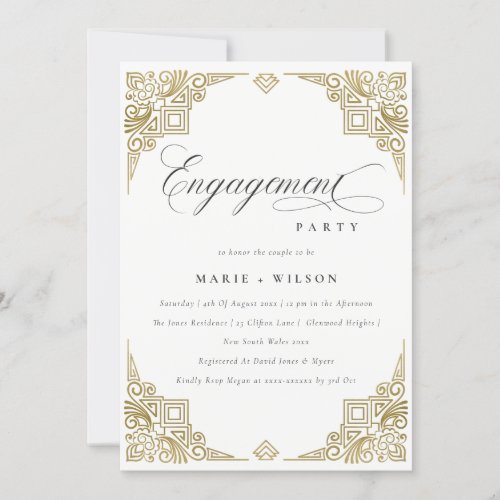 Classy Elegant Gold Art Deco Ornate Engagement  Invitation