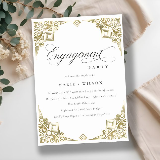 Classy Elegant Gold Art Deco Ornate Engagement  Invitation (Creator Uploaded)