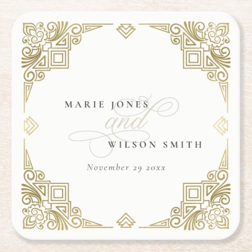 Classy Elegant Gold Art Deco Ornate Wedding Square Paper Coaster